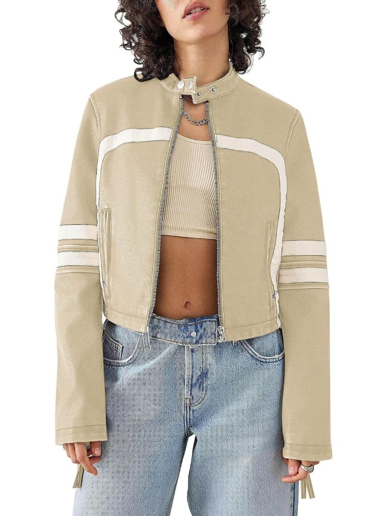 Women's Apricot Faux Leather Jacket Cropped Racer Moto Biker Coats With Crop Zip